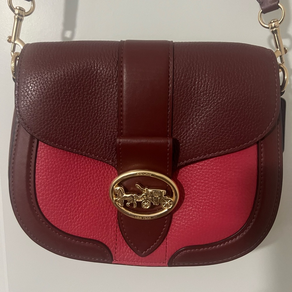 Coach Georgie Saddle Gold/Cherry Multi Colorblock Flap Crossbody